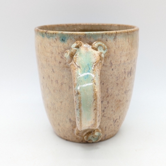 Handmade Earthenware Tan Green Blue Glazed Coffee Mug - Picture 2 of 9